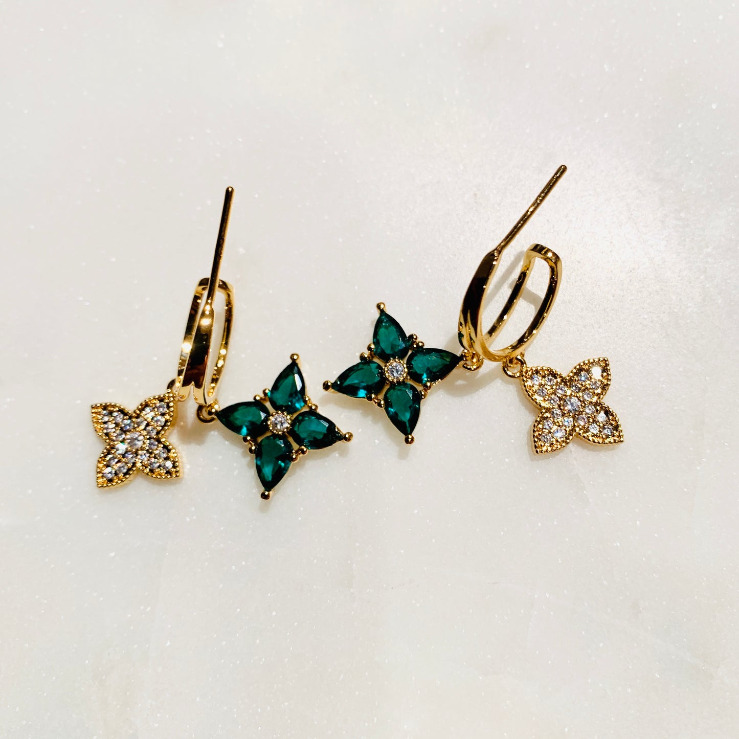 Zircon Flour Leaf Clover Gold Plated Earrings